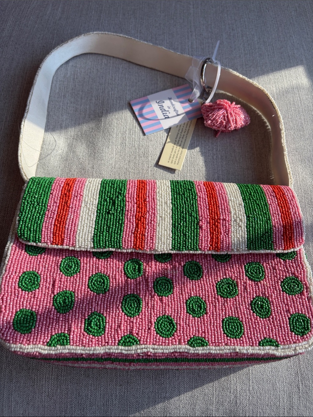 Hand-Beaded Pink & Green Polka Dot Crossbody Bag
